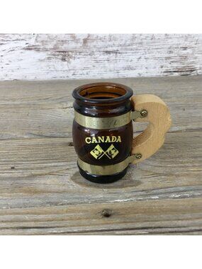 Vintage Brown Glass Canada Mini Mug Stein Shot Glass With Wooden Handle